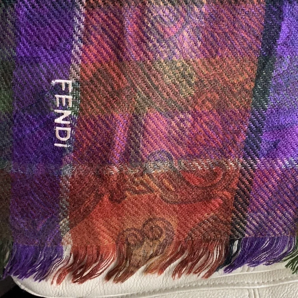Authentic FENDI scarf wrap blanket fringe‎ plaid logo oversized luxury purple